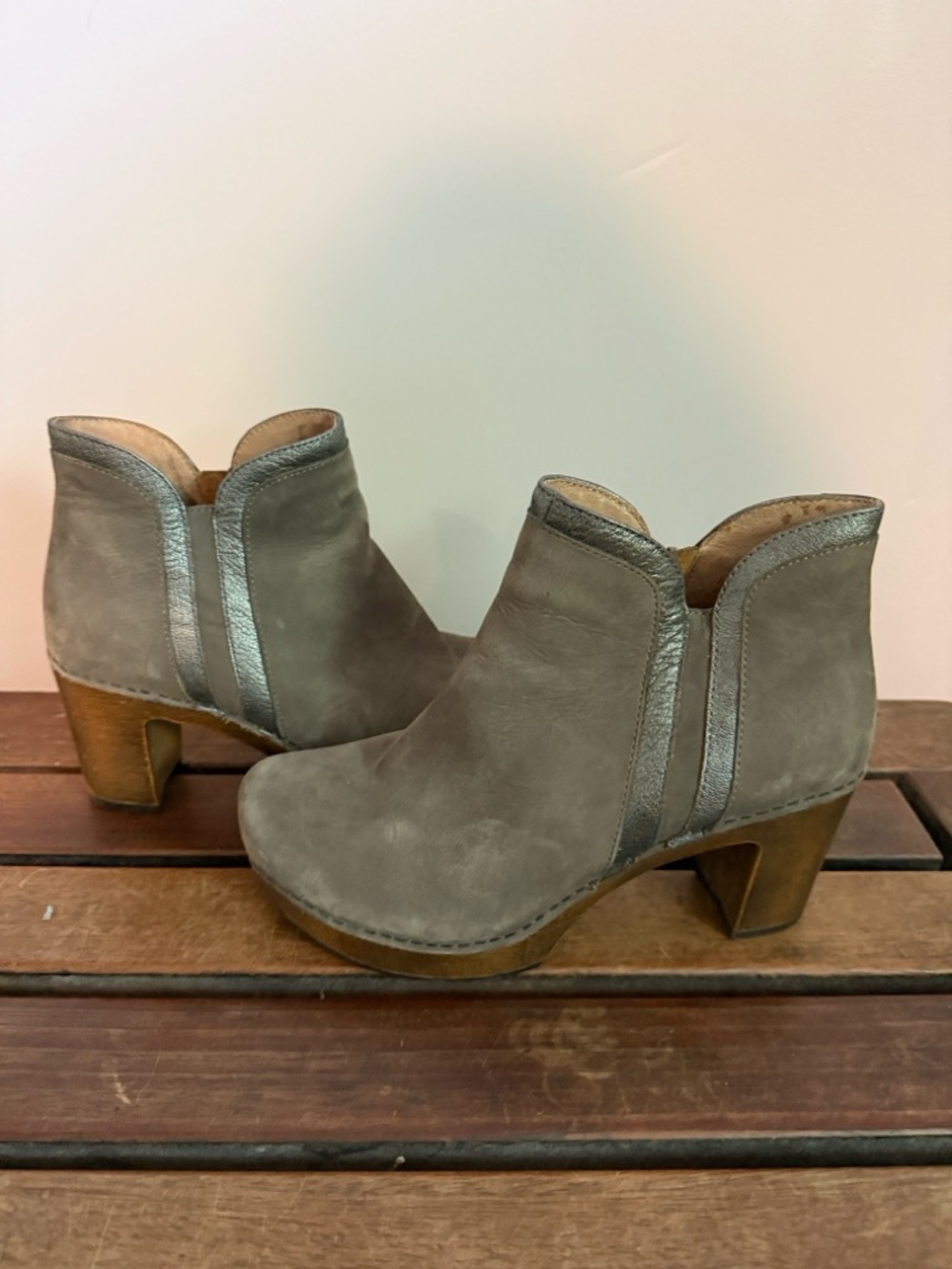 RARE Dansko Suede Ankle Booties with Wood Block Heel